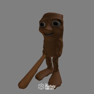 May include: A brown, cartoonish figure with a smiling face and large eyes. The figure has long, thin legs and feet, and is posed with one leg extended. The image has a gray background and a logo in the bottom right corner.