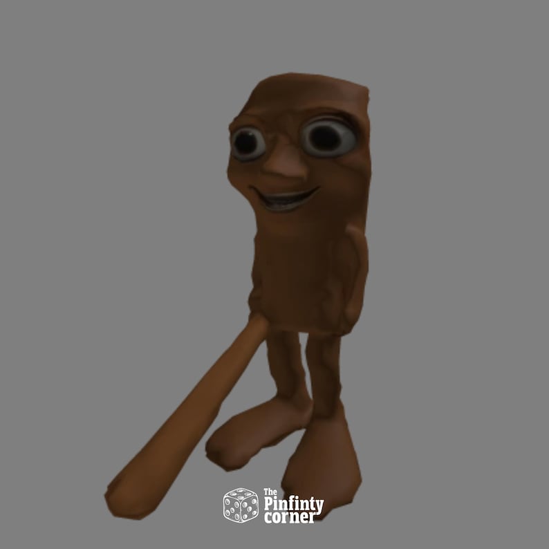 May include: A brown, cartoonish figure with a smiling face and large eyes. The figure has long, thin legs and feet, and is posed with one leg extended. The image has a gray background and a logo in the bottom right corner.