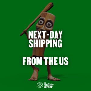 May include: A whimsical wooden figure with a baseball bat, set against a vibrant green background. The figure has large eyes and a smiling expression. The text "NEXT-DAY SHIPPING FROM THE US" is displayed in white.