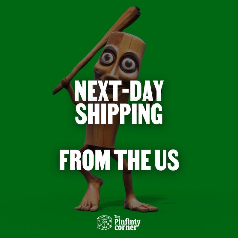 May include: A whimsical wooden figure with a baseball bat, set against a vibrant green background. The figure has large eyes and a smiling expression. The text "NEXT-DAY SHIPPING FROM THE US" is displayed in white.