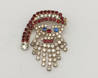 Sparkly Open Designed Santa Pin, Multi Colored Rhinestones Prong Set, Red, White, Blue, Dangling Beard, Christmas Vintage Brooch