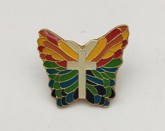 Multi Color Butterfly Shape Center Cross Enamel Vintage Lapel Pin, Christianity, Religious, Spiritual Pin