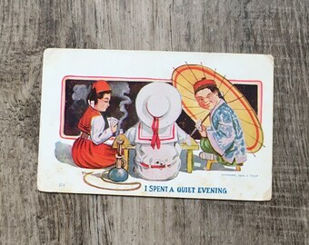 Copyright 1907, J. Tully, “I Spent A Quiet Evening” Antique Postcard, Group of Asian Playing Cards and Hookah-Smoking