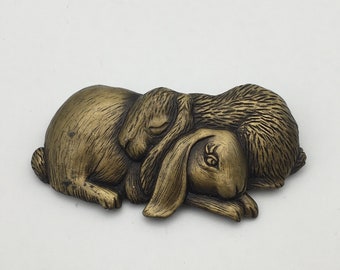 Vintage Signed JJ Bronze Pewter Snuggle Bunnies, Rabbits, Bunny Brooch Pin