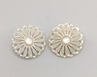 Vintage Carved Mother of Pearl Clip On Vintage Earrings, Pearly Sunburst Shell