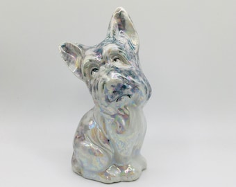 Highly Glazed Detailed Iridescent Porcelain Yorkshire Terrier Dog Figurine, Made in Japan