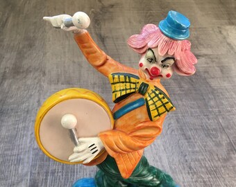 Vintage Circus Clown Playing Drum, ITALY Figurine, Smiling Face,  9” Tall – FREE SHIPPING