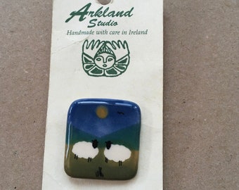 Ireland Handmade Ceramic Brooch Pin, Two Lambs In The Pasture by Arkland Studio