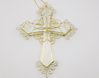 Capiz Shell Cross Gold Scrolls & Edges 2 Tiers Ornament Religious Faith Symbol, Easter Cross Accent – FREE SHIPPING