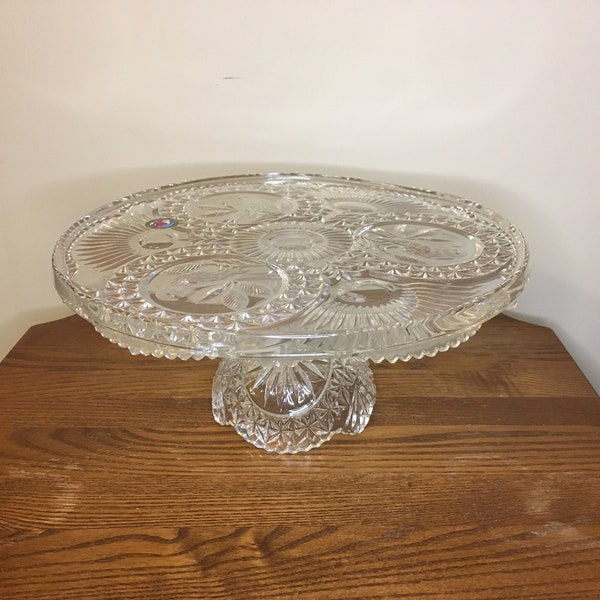 Hofbauer Crystal Footed Cake Stand Plate, Birds, Made in Germany, The Byrdes Collection, Vintage Display Dish, Bird Pattern