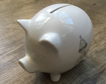 Precious Moments Ceramic White Piggy Bank with Stopper, Clown Sitting on Ball and Poem, 1985 Samuel J. Butcher