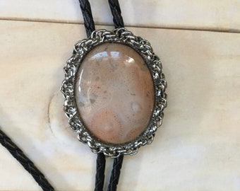 Vintage Bolo Tie Stone Slide, Oval Shaped Fossilized Coral String Tie with Silver Tone Tips, Fossil Coral Tie Slide