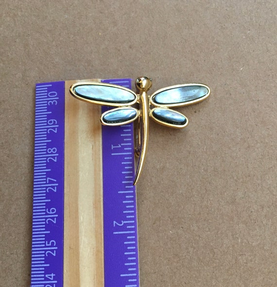 Dragonfly Gold Tone Vintage Brooch Pin Abalone Sh… - image 8