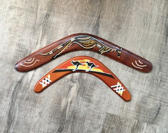 Vintage Australian Made Wooden Boomerangs, Kangaroo Paintings, Throwing Instructions, Large and Medium