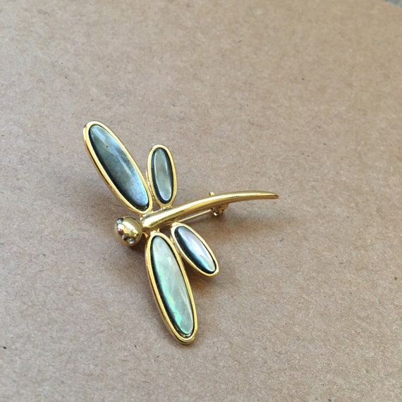 Dragonfly Gold Tone Vintage Brooch Pin Abalone Sh… - image 3
