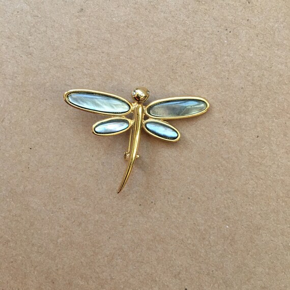 Dragonfly Gold Tone Vintage Brooch Pin Abalone Sh… - image 2