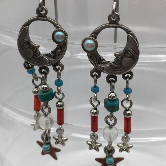Half Moon Stars Turquoise Beads Dangle Vintage Wi… - image 2
