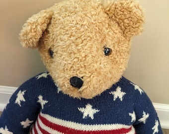Patriotic Bear TY Large Curly Stars & Stripes Forever Retired 1991, Flag Sweater 24”