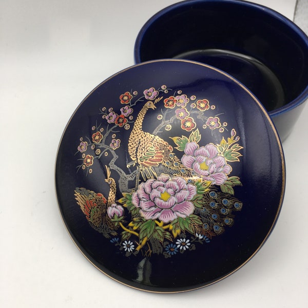 Cobalt Blue Trinket Powder Box, Vintage Vanity Dish, Floral and Peacock Designs, Gold Gilded Dresser Tray