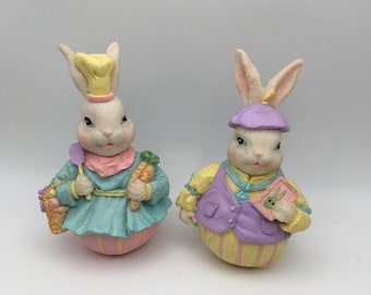 Easter Bunny Figurines, Gardening Bunnies Momma and Pappa Vintage Figurines