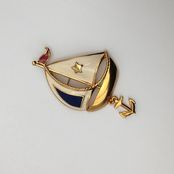 Vintage AVON Sailboat Brooch Gold Tone Red White … - image 2
