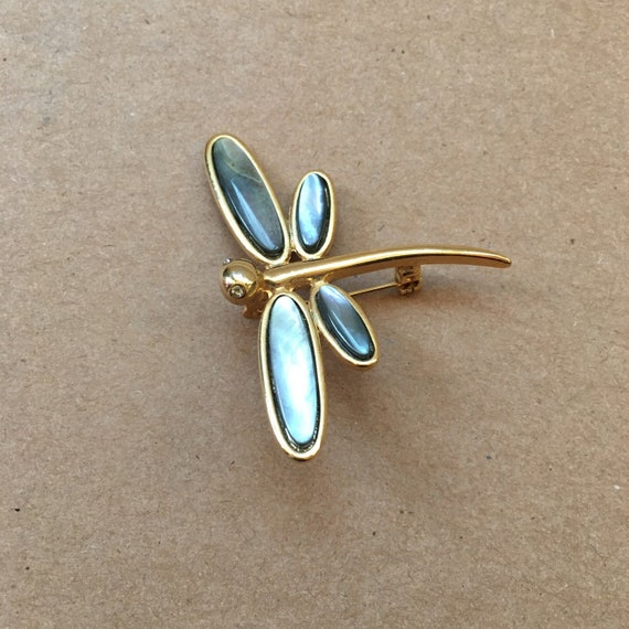 Dragonfly Gold Tone Vintage Brooch Pin Abalone Sh… - image 1