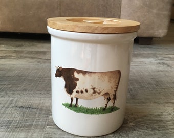 Cow, Designed in England Pimpernel Canister with Seal Wood Lid, Made in Thailand