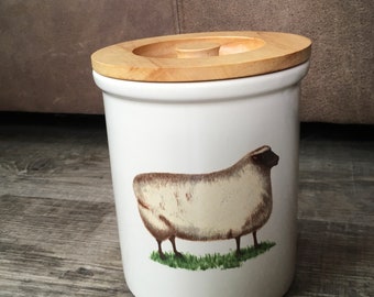 Sheep, Designed in England Pimpernel Canister with Seal Wood Lid, Made in Thailand
