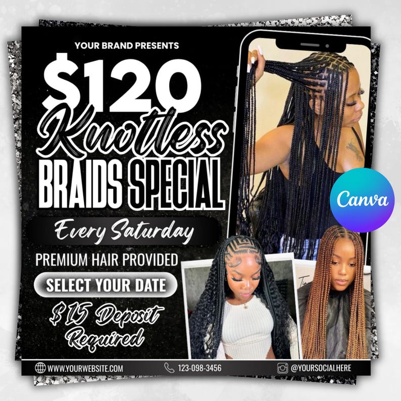 Knotless Braids Flyer, Braids Special Flyer, Braids Pricelist Flyer, Braid Special Deal flyer, Braids Bookings Flyer, Braids Flyer, Canva