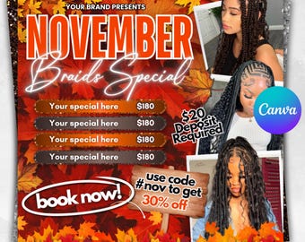 November braids special flyer, fall season flyer, thanksgiving flyer, Business & Sale Flyer, ThanksVember flyer, Hair Special Flyer Canva