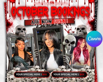 Oktober-Buchungsflyer, Halloween-Buchungsflyer: Haare, Nägel, Wimpern, MUA, Social Media-Vorlage (DIY Canva bearbeitbar)