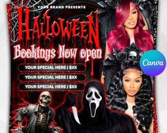 Halloween Bookings Flyer, October Bookings Flyer, Spooky Season: MUA, Hair, Nails, Lashes, Wax (DIY Canva Template)