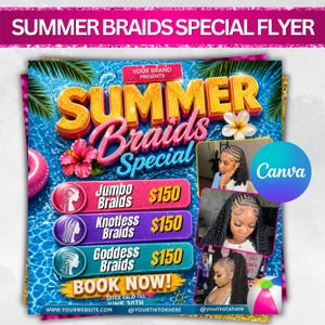 Summer Braid Sale Flyer, Summer Sale Flyer, Braid Prices Flyer, Braids Sale Flyer, Hair Flyer, Lashes Flyer, Braids Special Flyer Template