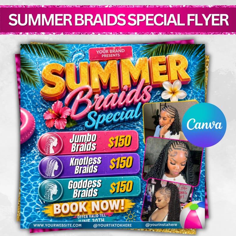 Summer Braid Sale Flyer, Summer Sale Flyer, Braid Prices Flyer, Braids Sale Flyer, Hair Flyer, Lashes Flyer, Braids Special Flyer Template