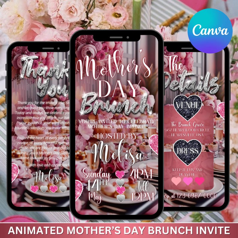 Mother’s Day Brunch Invite, Boho Floral Digital Event Itinerary, Animated Video Invitation, Mom and Mimosa's, Happy Mother’s Day Flyer