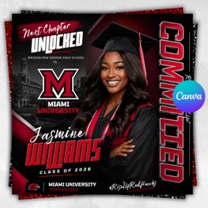 May include: A graduation announcement featuring a smiling woman in a cap and gown. The design includes the text "Next Chapter Unlocked," "Committed," and the name "Jasmine Williams." The announcement is in red, black, and white.