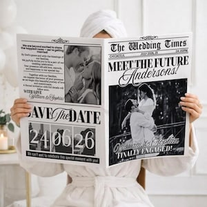 May include: A person holding a newspaper titled "The Wedding Times" with the headline "Meet the Future Andersons!" and "Save the Date" for June 26, 2024. The newspaper features black and white photos of a couple and wedding details.