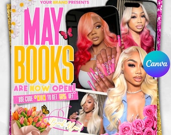 May Booking Flyer Template, Now Booking Beauty Flyer, May Appointments Open, Hair Nails Lashes Makeup Flyer, DIY Text, Instant Download