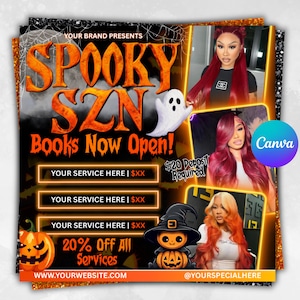 Könnte beinhalten: Ein Halloween-Werbegrafik mit dem Text "SPOOKY SZN Books Now Open!" in Orange und Schwarz. Es zeigt einen Geist, einen Kürbis und Bilder von Personen mit bunten Haaren. Enthält den Text "20% Off All Services".