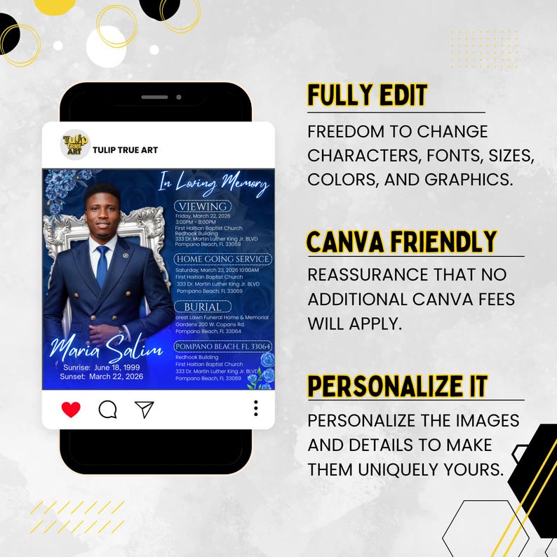 Blue Rose Funeral Announcement Flyer, Memorial Instagram Celebration of Life, Canva Template, Digital Download