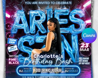 Aries Birthday Flyer, Birthday Flyer Templates, Girl Birthday Party Flyer, Celebration Flyer, Zodiac Birthday Event Flyer Invitation