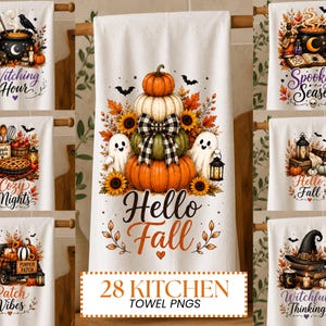 May include: A collection of white kitchen towels featuring various fall and Halloween themed illustrations including pumpkins, ghosts, sunflowers, witches' hats, and cauldrons with text such as Witching Hour, Spooky Season, Cozy Nights, Hello Fall, and Patch Vibes.