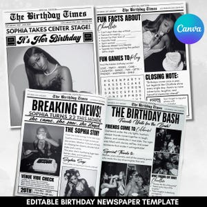 May include: A black and white newspaper-style birthday template. The headline reads "The Birthday Times" with the name "Sophia" featured prominently. The design includes photos, articles, and birthday-themed content, perfect for a personalized celebration.