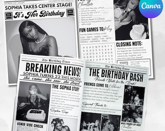 Birthday Party Invite Newspaper Template, Editable Newspaper Birthday, Large Newspaper Template, Birthday Newspaper For Photoshoot, Canva