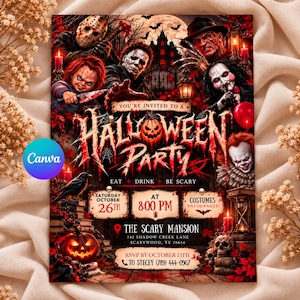 May include: A rectangular Halloween party invitation flyer featuring horror movie characters, a haunted mansion, and a jack-o'-lantern. Text includes: You're invited to a Halloween party, eat drink be scary, Saturday October 26th at 8:00 PM.