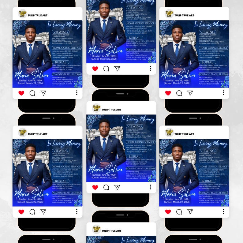 Blue Rose Funeral Announcement Flyer, Memorial Instagram Celebration of Life, Canva Template, Digital Download
