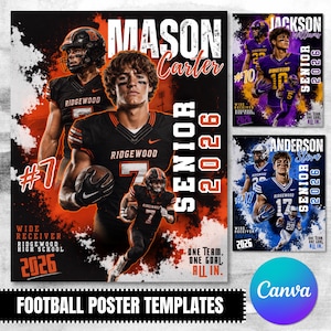 May include: A digital sports poster template featuring a football player in a black and orange Ridgewood High School uniform. The design includes the text Mason Carter, Senior 2026, Wide Receiver, and the motivational phrase One Team. One Goal. All In.