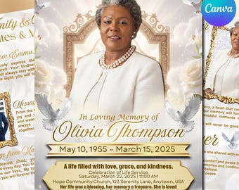 8 page White and Gold roses Funeral Program Template, Memorial Program, Obituary Book, Celebration of Life, In Loving Memory Editable Design
