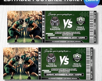 Entrada para partido de fútbol, entrada de fútbol navideña, entrada de fútbol imprimible, entrada de fútbol editable, entrada deportiva personalizable y editable de Canva.