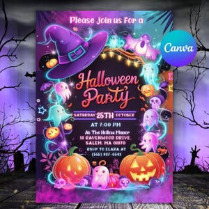 Puede incluir: Invitación a una fiesta de Halloween con un sombrero de bruja morado, fantasmas y calabazas. El texto dice "Halloween Party" con detalles del evento: sábado 25 de octubre, 19:00, en The Hollow Manor, Salem, MA. Se incluye información de RSVP.
